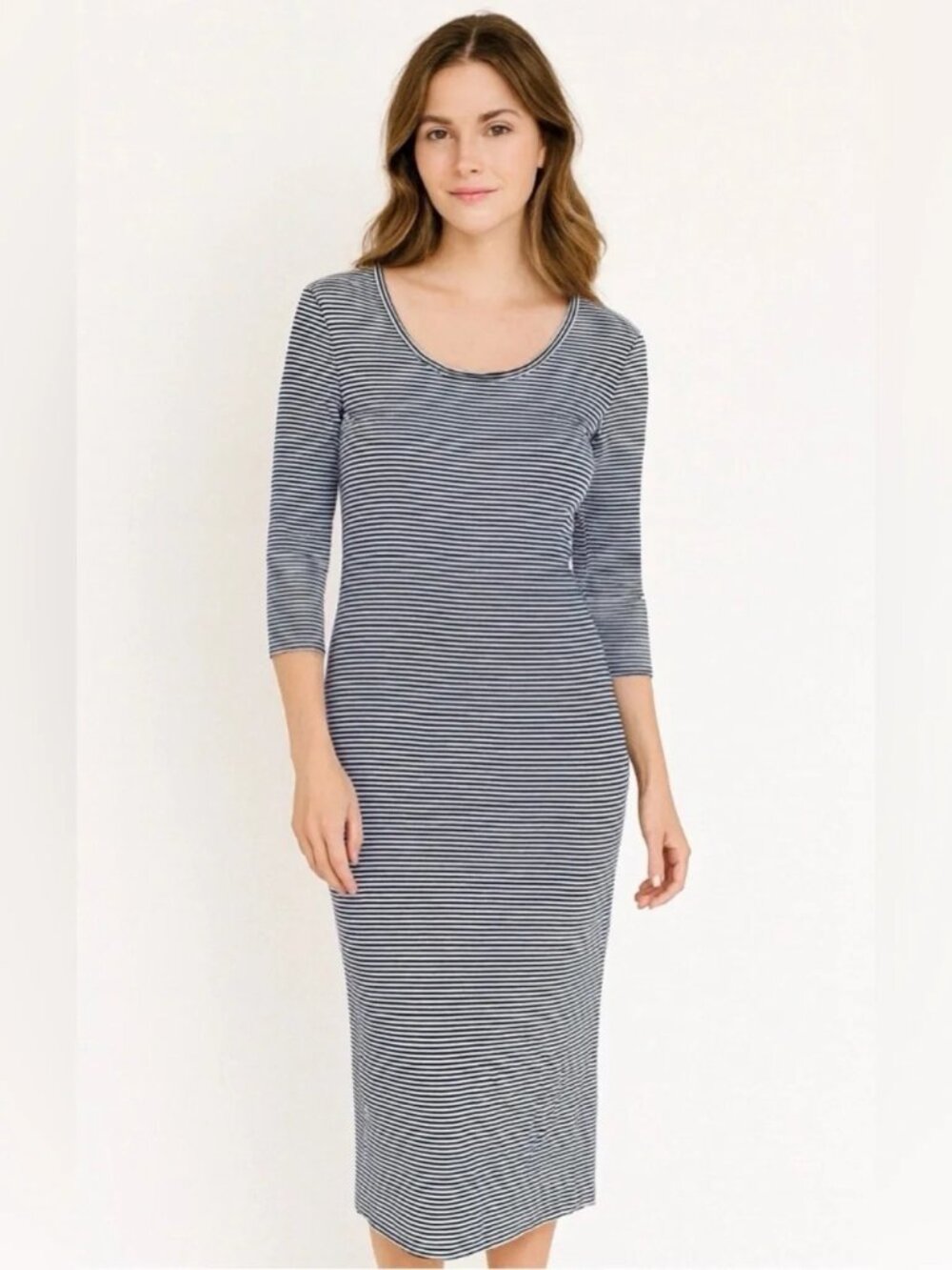 Peruvian Connection Blue White Long Sleeve Scoop Neck Maxi Dress Womens Medium